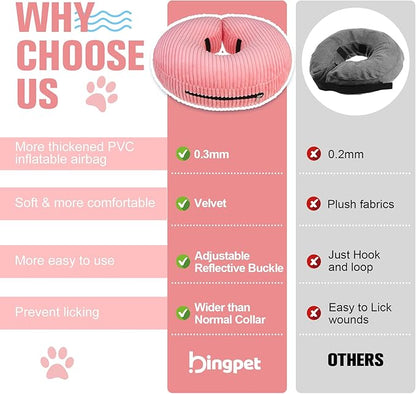 BINGPET Inflatable Dog Cone Collar Alternative After Surgery,Soft Recovery Cone for Dogs to Stop Licking,Dogs Blow up Protective Neck Donut ECollars Adjustable for Large Medium Small Puppy Pet, Pink L