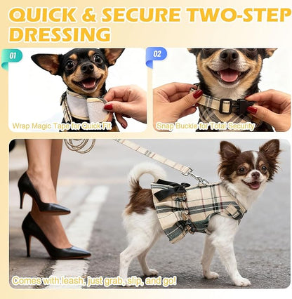 EXPAWLORER Dog Harness Small Medium Sized Dogs, Tulip Dog Dress Bowknot Harness and Leash Set, No Choke No Pull Soft Mesh Vest Cute Princess Puppy Outfits Clothes Costume for Girls Party Cats Yellow S