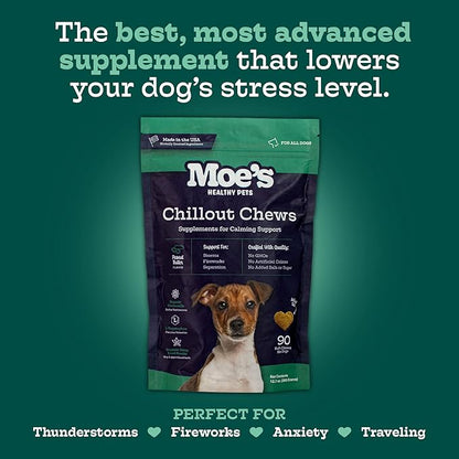 Moe’s Calming Chews for Dogs 90ct – Natural Anxiety Relief with Hemp, Chamomile, and Tryptophan – Calming Dog Treats for Separation, Fireworks, Travel and Storms (Peanut Butter)