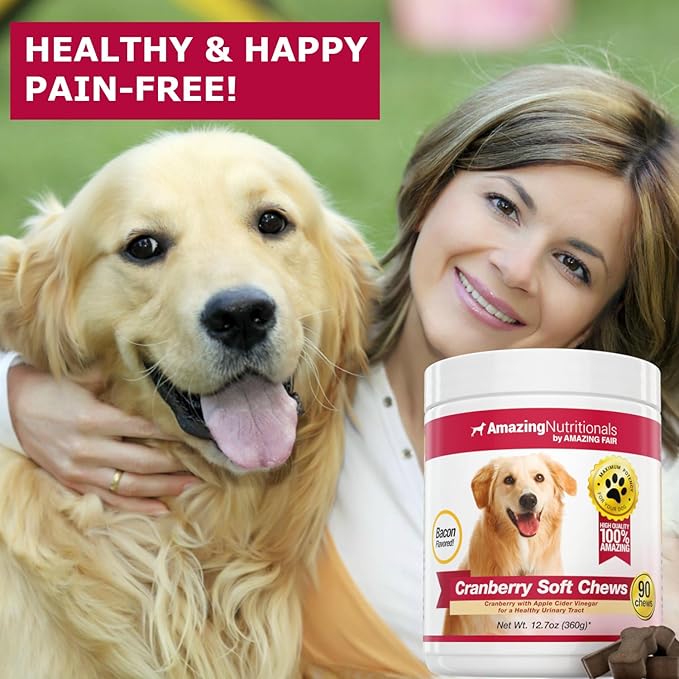 Amazing Cranberry for Dogs Pet Antioxidant, Urinary Tract Support Prevents and Eliminates UTI in Dogs, 90 Bacon Soft Chews