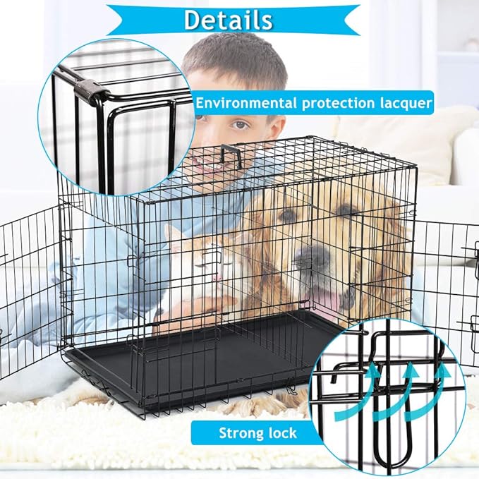 Dog Crate Dog Kennel Cage 42” Portable Foldable Indoor Outdoor Large Double Door Wire Metal Puppy Cat Pet Dog Cage with ABS Tray LC & Divider, Black