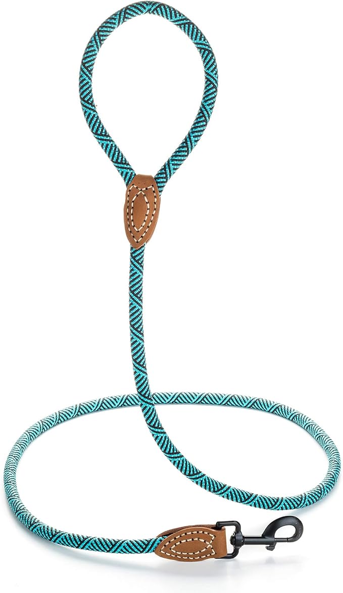 Mile High Life Rope Leash with Genuine Leather Connection, 6 FT/5 FT/4 FT, Heavy Duty Leash for Medium & Large Dogs (Turquoise Green, 60 Inch)
