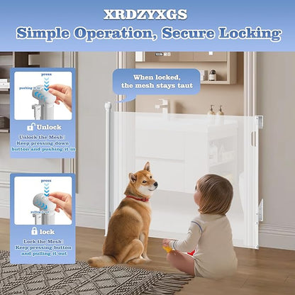 Retractable Baby Gate for Stairs Doorways - Extra Wide 55" No-Drill Pressure Mount OR Screw Mount, Space Saving Mesh Gate with No Bottom Bar Trip Hazard, for Indoor Outdoor Use with Kids, Dogs & Cats