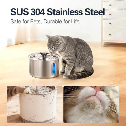 3L/101oz Stainless Steel Cat Water Fountain for Indoor Use - Ultra Quiet Automatic Cat Fountain for Drinking, Pet Water Foutain for Cat with LED Window, Easy to Clean (8 Filters & 8 Sponges)