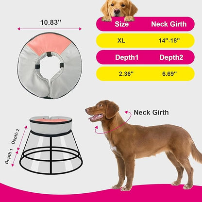 Sponge Core Dog Cat Cone Collar for After Surgery Recovery, Inflatable Dog Cone Alternative, Lainergie Dogs Donut Collar Adjustable with 2PCS Cover for Large Medium Small Dogs Cats (Grey+Pink, XL)