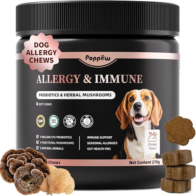 Turkey Tail Mushroom for Dogs, Dog Allergy Chews, Probiotics for Dog Allergy Relief - Itchy Skin Allergy Paw Relief - Seasonal Allergies & Immune Gut Health & Joint, Chicken Flavor - 90 Count
