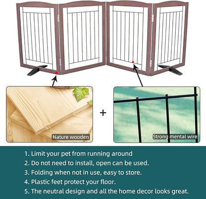 ZJSF Freestanding Dog Fence Indoor, Foldable Dog Gate for Doorways, Stairs or Hallways, Sturdy Wood Extra Wide Pet Gate with Support Feet for The House, Brown, 24 "Height-4 Panels