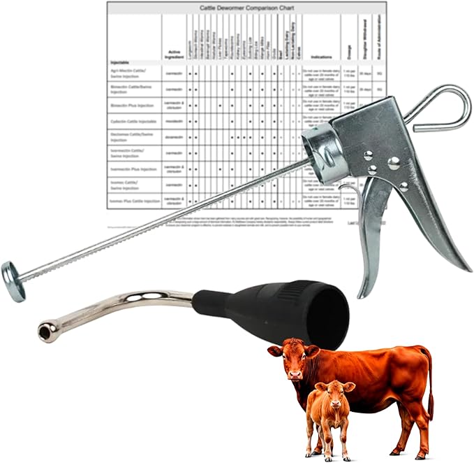 LBH MARKET Cattle Dewormer Paste Applicator Gun, Metal, 290g Tube Compatible, Heavy-Duty, with Dewormer Comparison Chart, 220 lb Dose Per Trigger Works with Safeguard 290 gram Tube