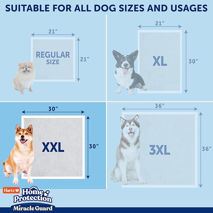 Hartz Miracle Guard Dog and Puppy Dog Pads Max Absorbency 24 Hour Use Odor Eliminating No Leaks, 2XL Size 20 Count