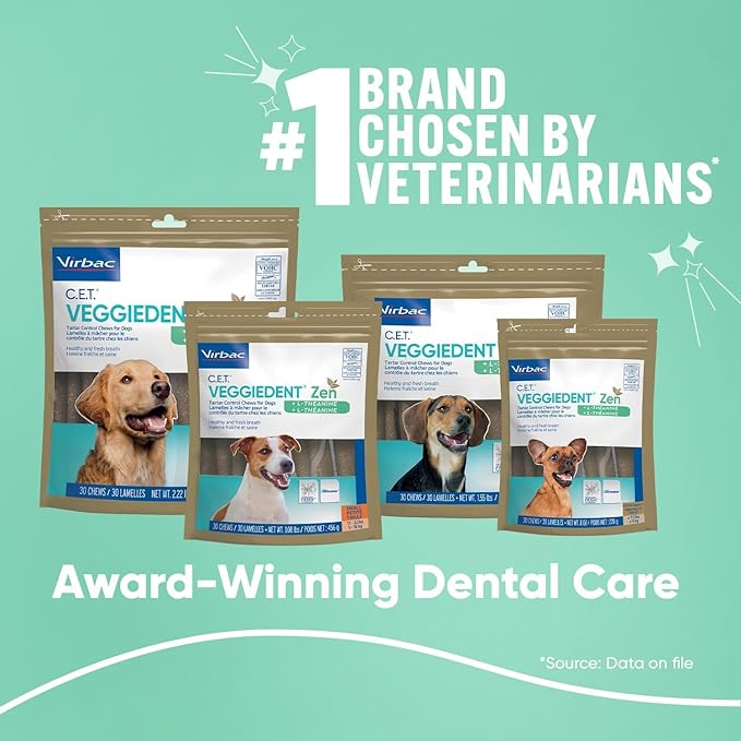 Virbac C.E.T.® VEGGIEDENT® Zen Tartar Control Chews for Dogs - Multifunctional to Support Mental Well-Being, VOHC Approved - Medium 22-66lbs