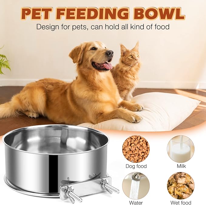 Dog Crate Water and Food Bowl, ShineMe Stainless Steel Dogs Bowls Hanging 2 Pack for Cage Crate Kennel, Spill Proof Dog Bowl for Medium and Small Sized Dogs Cats Pets (6.3 * 2.6” & 5.5 * 2.4”)