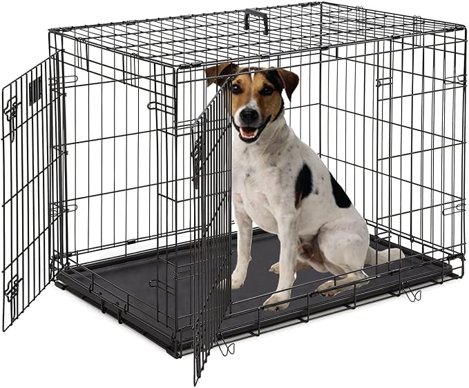 Dopinmin Large Dog Crate 42 Inches Double Door Pet Crate Folding Metal Wire Dog Cage with Divider Panel Leak-Proof Plastic Pan Indoor Outdoor Pet Crates for Medium and Large Breed Pet Animals Black