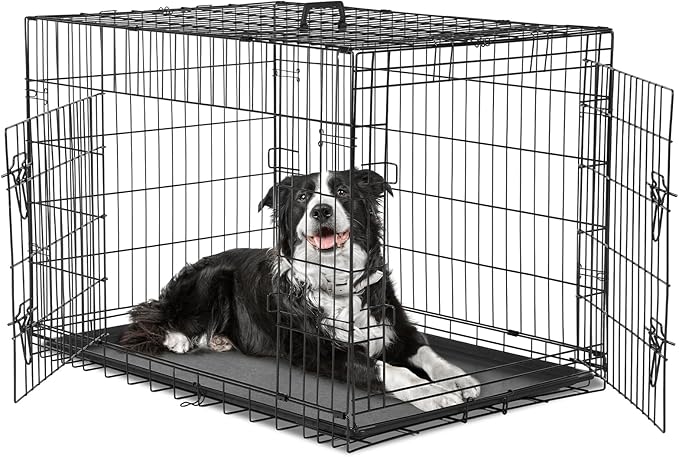 DUMOS Dog Crate, 36 Inch Medium Double Door Dog Cage with Plastic Leak-Proof Pan Tray, Folding Metal Wire Pet Kennel for Indoor, Outdoor, Travel, Black