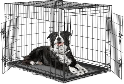 DUMOS Dog Crate, 36 Inch Medium Double Door Dog Cage with Plastic Leak-Proof Pan Tray, Folding Metal Wire Pet Kennel for Indoor, Outdoor, Travel, Black
