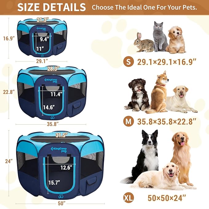 KingCamp Dog Playpen, Portable Foldable Cat Kitten Puppy Tent Crates 29"/36"/50" Pop Up Pet Playpen with Zippered Bottom & Cover for Indoor Outdoor Use (Medium, Blue)