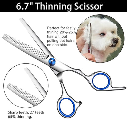 Dog Grooming Scissors with Safety Round Tip,Pet Grooming scissors Kit,Dog Shears for Grooming,Incude Thinning,Curved Grooming Scissors and Comb for dogs, cats.Suitable for The Right Hand