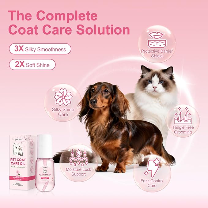 Pet Coat Care Oil, Cherry Blossom & Squalane Extract | Luster Enhancing Elixir, Radiant Shine & Protective Coating; Professional Silk Gloss Finish for Dull Coats, Non-Greasy, Dogs Cats, 1.69 fl. oz