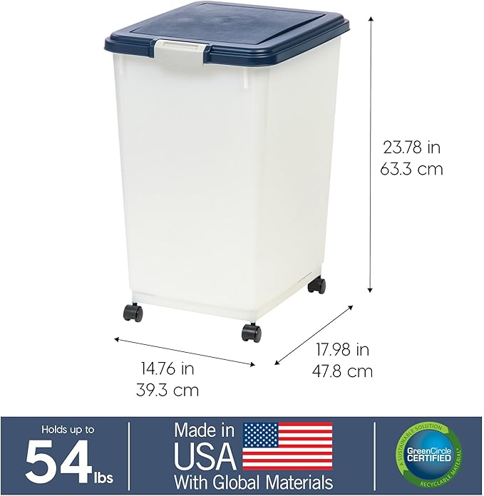 IRIS USA Dog Food Storage Container, Up to 54 Pounds, Attachable Wheels, For Dog Cat Bird and Other Pet Food Storage Bin, Keep Fresh, Easy Mobility - Made in USA, Navy/Pearl