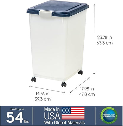IRIS USA Dog Food Storage Container, Up to 54 Pounds, Attachable Wheels, For Dog Cat Bird and Other Pet Food Storage Bin, Keep Fresh, Easy Mobility - Made in USA, Navy