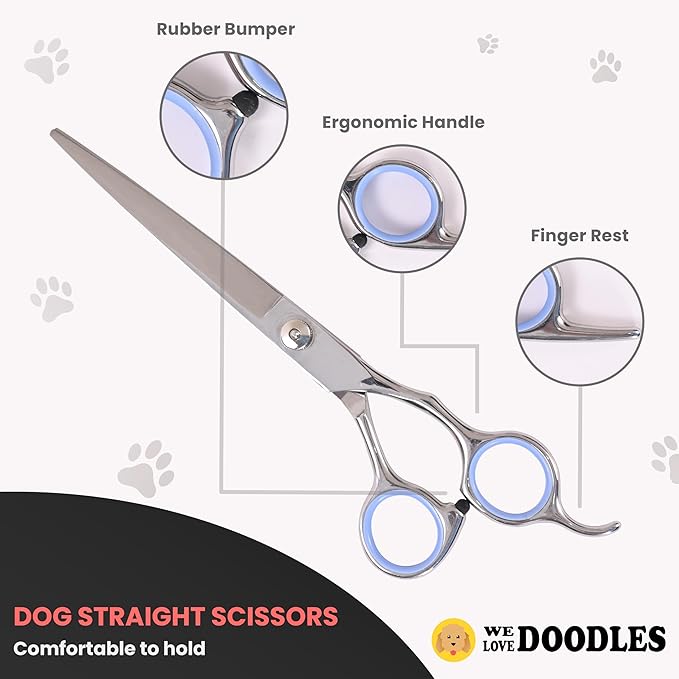 Dog Grooming Scissors Kit - Best Tools for Goldendoodles & Poodles- Straight, Curved & Thinning Shears - Golden Doodle Grooming Professional Grade Stainless Steel, 4 Pc Set (Long Silver)