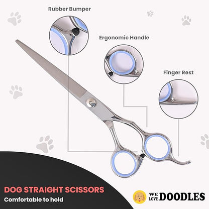 Dog Grooming Scissors Kit - Best Tools for Goldendoodles & Poodles- Straight, Curved & Thinning Shears - Golden Doodle Grooming Professional Grade Stainless Steel, 4 Pc Set (Long Silver)