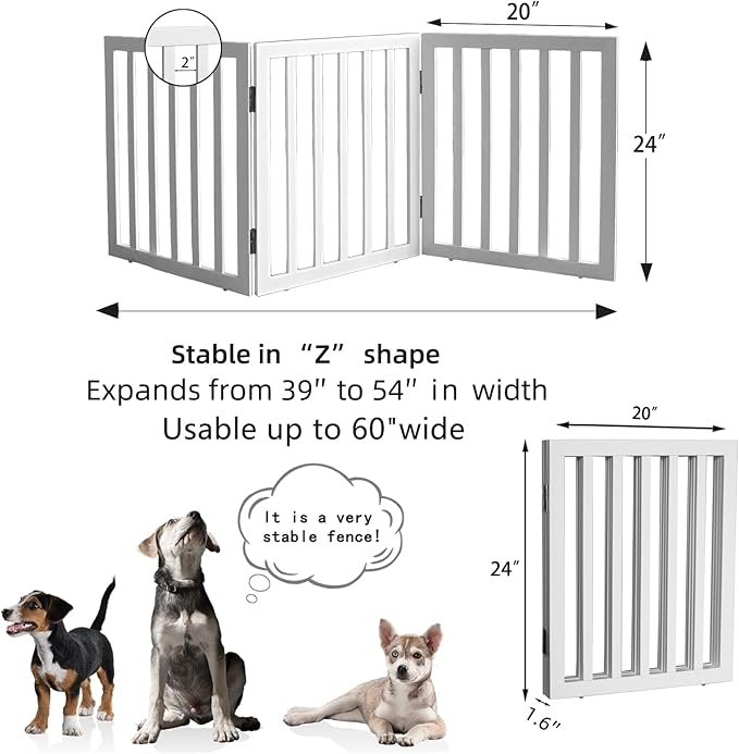ZJSF Freestanding Indoor Dog Gate for House Foldable Wood White Puppy Gate for Doorways Pet Gate for Stairs Extra Wide Pet Fence 24" Height 3 Panels