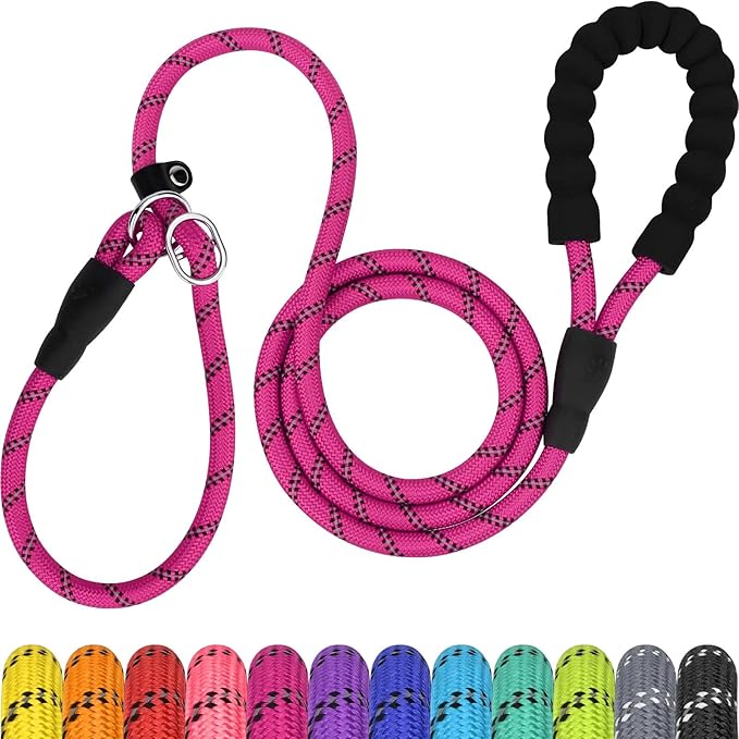 TagME 6ft Slip Dog Lead, No Pull Reflective Training Leash with Padded Handle, Professional Rope P-Leash for Small Medium Large Dogs, Heavy Duty Correction Lead for Walking & Training (Hot Pink)