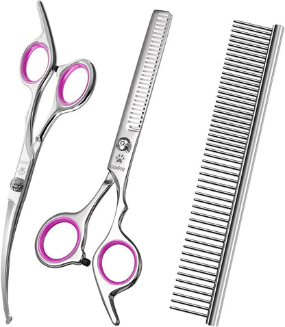 GLADOG Professional 4 in 1 Dog Grooming Scissors Set with Safety Round Tips, Sharp and Heavy-duty Pet Grooming Shears for Cats (Pink)