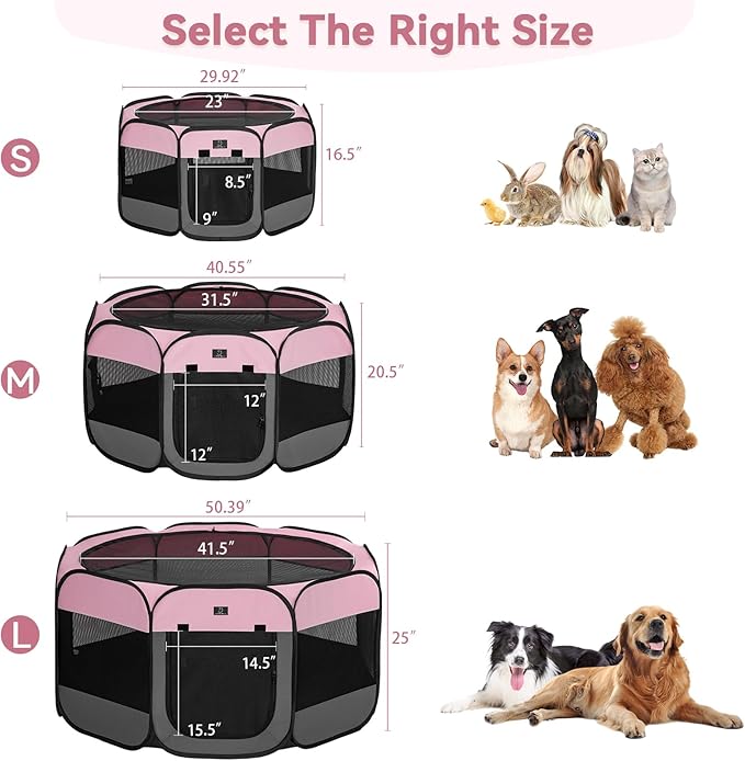 Dog Playpen for Small Dogs & Puppies, 50.39" Portable Indoor Outdoor Puppy Playpen with Bowl, Waterproof Floor, Foldable Pop-Up Pet Pen for Home, Travel & Daily Use, Pink+Grey