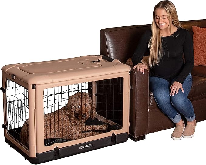Pet Gear “The Other Door” 4 Door Steel Crate for Dogs/Cats with Garage-Style Door, Includes Plush Bed + Travel Bag, No Tools Required, New Tan, 36 Inch