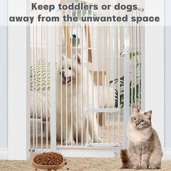 SHYUJAJIE 55 Inch Extra Tall Pet Gate with Small Cat Door, 29.55"-40.55" Adjustable Wide Dog Gate, Tall Cats Gates for Doorway, Stairs, House(White)