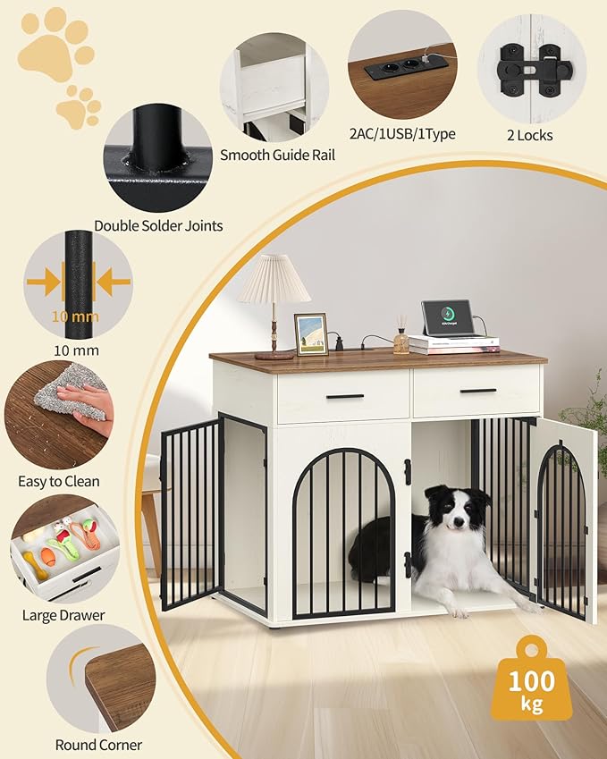 Hzuaneri 43.3'' Large Dog Crate Furniture with 2 Storage Drawers, Heavy Duty Dog Kennel Indoor with Charging Station, Wooden Dog Cage End Table Kennel for Medium/Large Dogs, White Brown DFC88214B