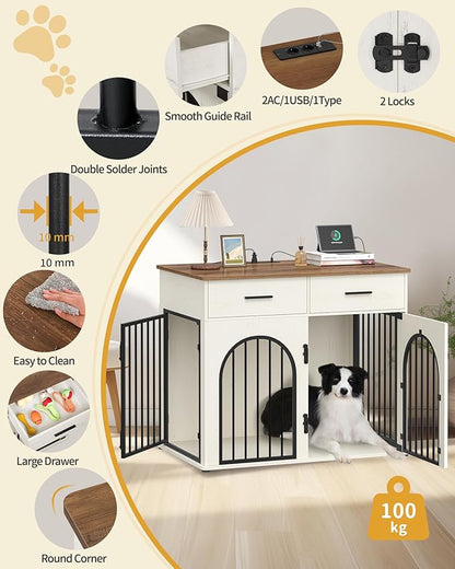 Hzuaneri 43.3'' Large Dog Crate Furniture with 2 Storage Drawers, Heavy Duty Dog Kennel Indoor with Charging Station, Wooden Dog Cage End Table Kennel for Medium/Large Dogs, White Brown DFC88214B