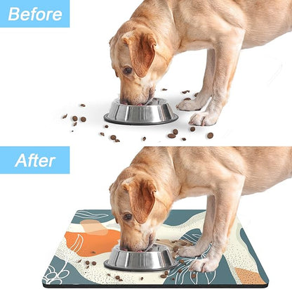 Rnivvi Dog Food Mat, 12" x 19" Boho Absorbent Dog Cat Bowl Mat for Food and Water, Cute Anti-Slip Rubber Pet Feeding Rug Protect Floors, Puppy Placemat for Feeding & Watering Supplies, Abstract Leaves