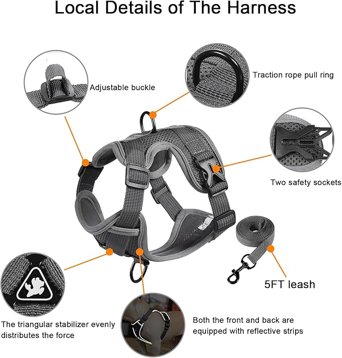 SOLMOONY Small Dog Harness,Soft Mesh Puppy Harness and Leash Set,No Escape Cat Harnesses for Training Walking,Reflective Adjustable Puppy Vest for Small Medium Dogs, Cats (Grey, XL)