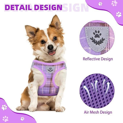 KOOLTAIL Dog Harness and Leash Set for Small Medium Dogs, Step in No Pull Soft Mesh Dog Harness Comfort Padded Pet Vest, Adjustable Reflective Easy Walking Puppy Cats Harness Training, Plaid Purple XS