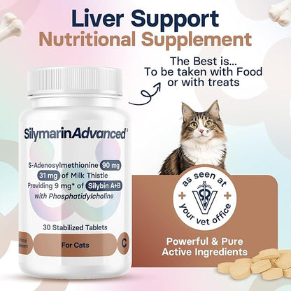 Liver Health Supplement for Cats - Milk Thistle for Cats Liver Support with S-Adenosylmethionine (Same) & Silybin - 30 Tablets