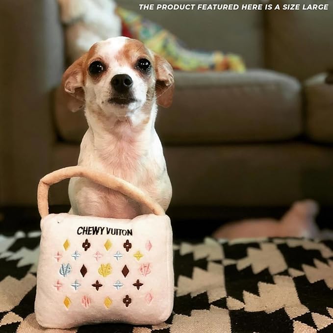 Haute Diggity Dog Chewy Vuiton Handbag Plush Squeaky Dog Toy, Soft Durable Designer-Inspired Stuffed Puppy Chew Toys for Small & Medium Dogs, Machine-Washable (White) Large