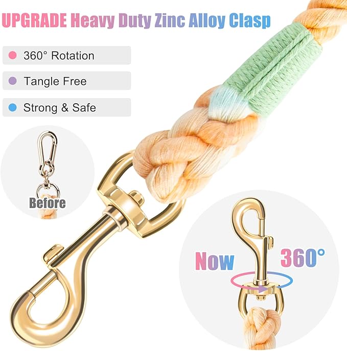 Dog Leash 6 FT Handmade Braided Cotton Rope Leashes for Small Medium and Large Dogs, New Golden Heavy Duty Metal Clasp, Colorful Macaron