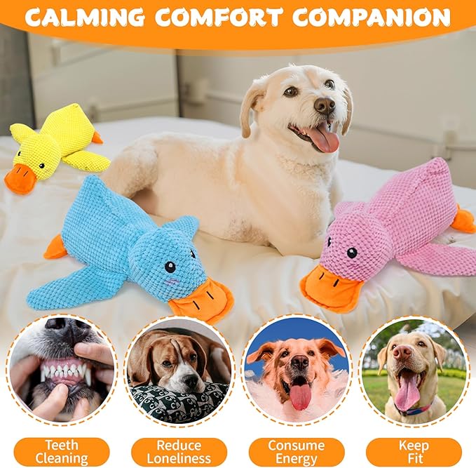 Dog Calming Duck Toy, 2026 New Interactive Plush Duck Toy with Quack Sound and Crazy Crinkle for Dogs Keep Busy, Soft Stuffed Calming Pillow for Puppy Reduce Boredom -Yellow, 17.7"x14.9"(L)