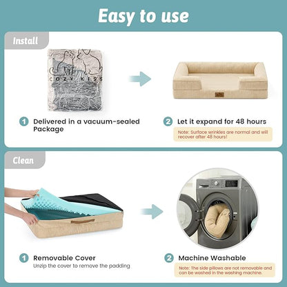 Cooling Dog Bed for Extra Large Dogs, Q-Max >0.4 Summer Cool Orthopedic Foam Pet Sofa Bed with Sides, Bolster Anti-Slip Couch with Washable Removable Cover, XXL 48x35x7.5 inch, Beige