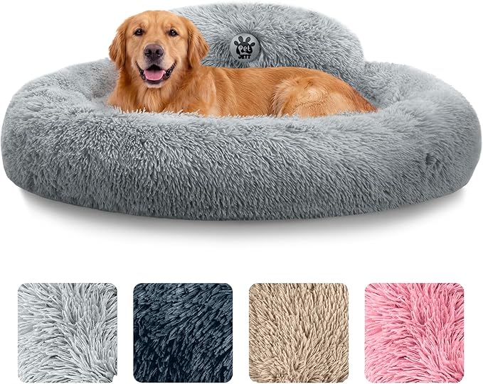 PetJett Dog Beds Large Sized Dog - 36'' Calming Round Bed, Anti-Slip & Washable Super Soft Donut Bed, Fluffy Faux Fur Anti-Anxiety Premium Comfort Pet Bed, Fits Dogs up to 80 lbs - Bright Grey