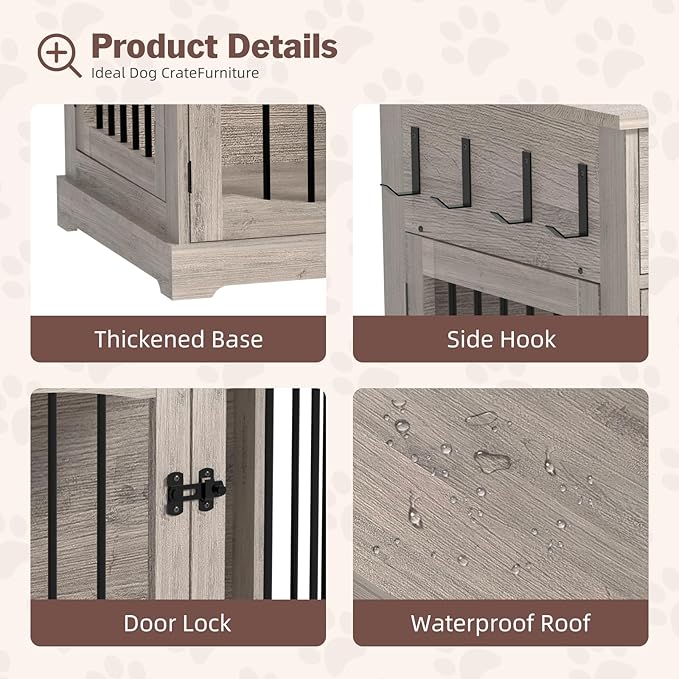 Kucreiheat 40'' Wooden Dog Crate Furniture–Farmhouse Dog Kenel-Multi Purpose Pet House with Double Doors, 2 Drawers, for Small, Medium & Large Dogs–Rustic Grey Finish