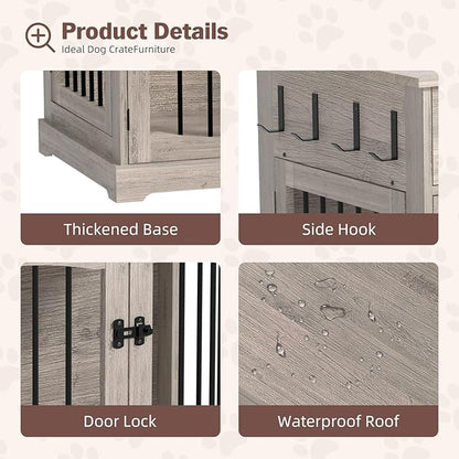 Kucreiheat 40'' Wooden Dog Crate Furniture–Farmhouse Dog Kenel-Multi Purpose Pet House with Double Doors, 2 Drawers, for Small, Medium & Large Dogs–Rustic Grey Finish