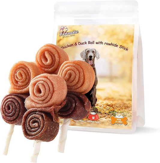 Pawmate Triple Flavor Dog Treats Chicken Duck Rawhide Lollipops, Long Lasting Rawhide Sticks Dog Chews in Fun Shape, High Protein Healthy Chewy Training Snacks for Medium Large Dogs, 4 Counts, 10.6 oz