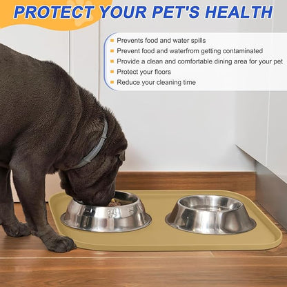 SMILOOL Silicone Pet Feeding Mat with Raised Edge for Food and Water, Dog Bowl Mats, Cat Bowls Placemat with High Lip for Floor Waterproof, Rubber Tray for Cats and Dogs 22 x 14 x0.8 Dark Beige