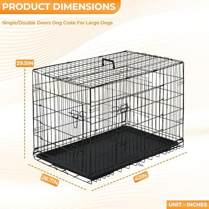 PayLessHere Large Dog Crate Kennel for Medium Large Dogs Metal Dog Cage Double-Door Folding Travel Indoor Outdoor Puppy Playpen with Divider and Handle Plastic Tray (42 Inch, Black)