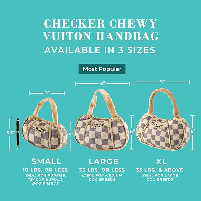 Haute Diggity Dog Chewy Vuiton Handbag Plush Squeaky Dog Toy, Soft Durable Designer-Inspired Stuffed Puppy Chew Toys for Small, Medium & Large Dogs, Machine-Washable (Tan Checker) XL