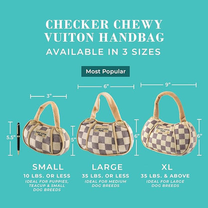 Haute Diggity Dog Chewy Vuiton Handbag Plush Squeaky Dog Toy, Soft Durable Designer-Inspired Stuffed Puppy Chew Toys for Small, Medium & Large Dogs, Machine-Washable (Tan Checker) XL