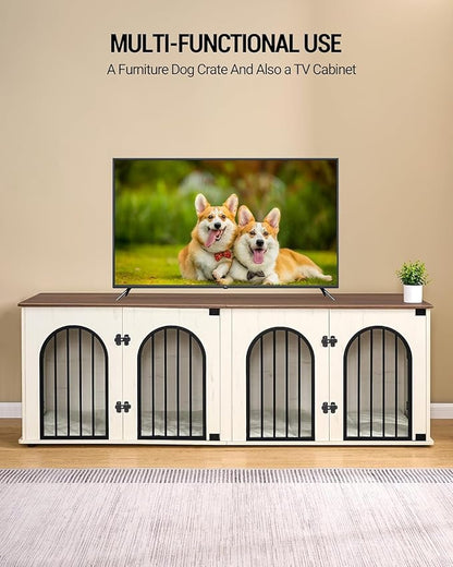 Hzuaneri 71" Dog Crate Furniture for 2 Dogs, Heavy Duty Indoor Dog Kennel TV Stand, XL Wooden Dog Cage with Divider for Medium Large Dogs, End Table Dog Crate with Cushion, White Brown DFC81914B